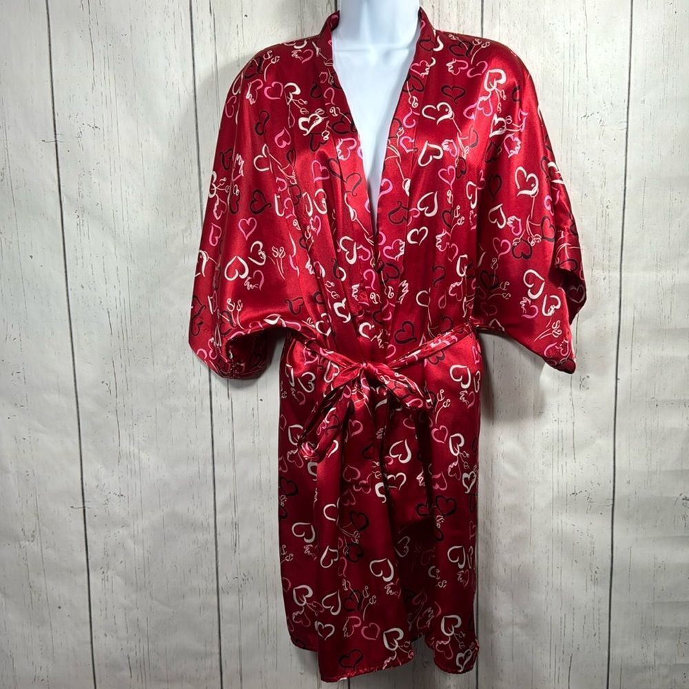Morgan Taylor Red Satin Heart Print Robe Lingerie Tie Waist Size P/S Valentines